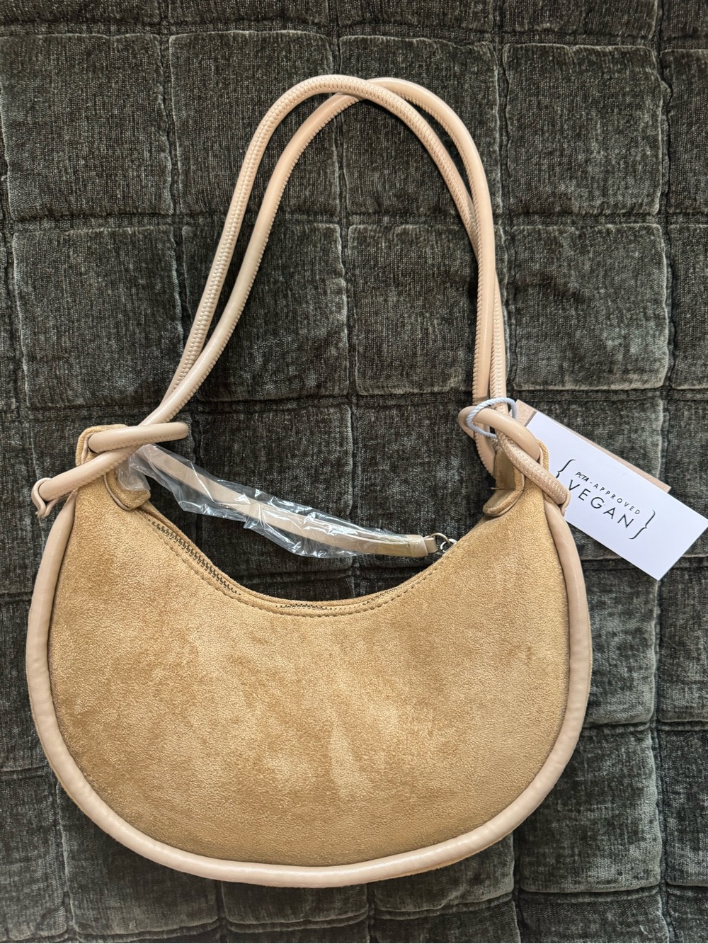 Suede Crescent Shoulder Bag in Tan - Vegan